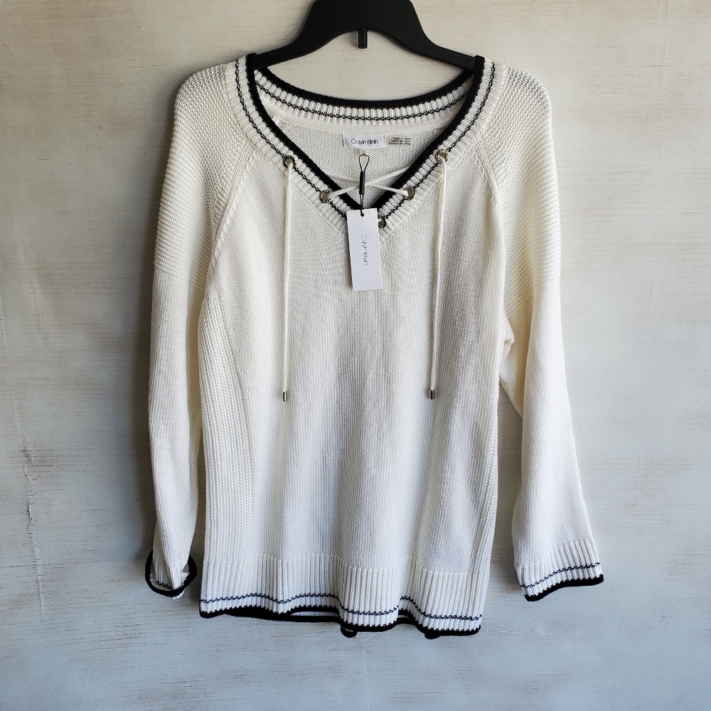 NWT Calvin Klein White Lace Up V-Neck Sweater - Picture 3 of 5